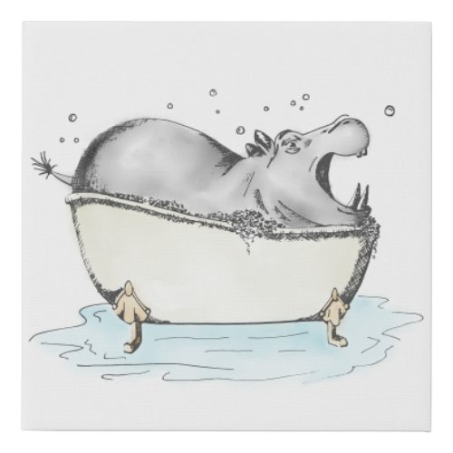 Hippo Taking Bubble Bath Illustration Watercolor Faux Canvas Print