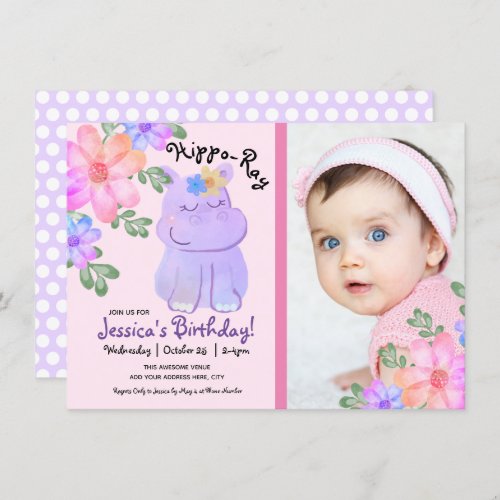 Hippo Watercolor Birthday Girly Floral Invitation