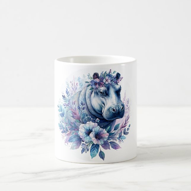 Hippo Watercolor Floral Art Coffee Mug (Center)