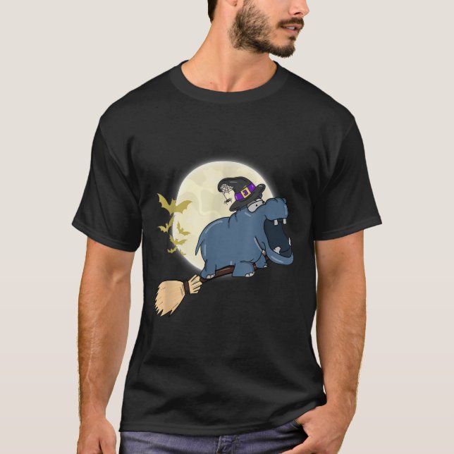 Hippo Witch Riding Broom Funny Halloween Animal  T-Shirt (Front)