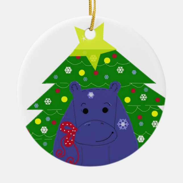Hippo with a Christmas Tree Ceramic Ornament (Front)