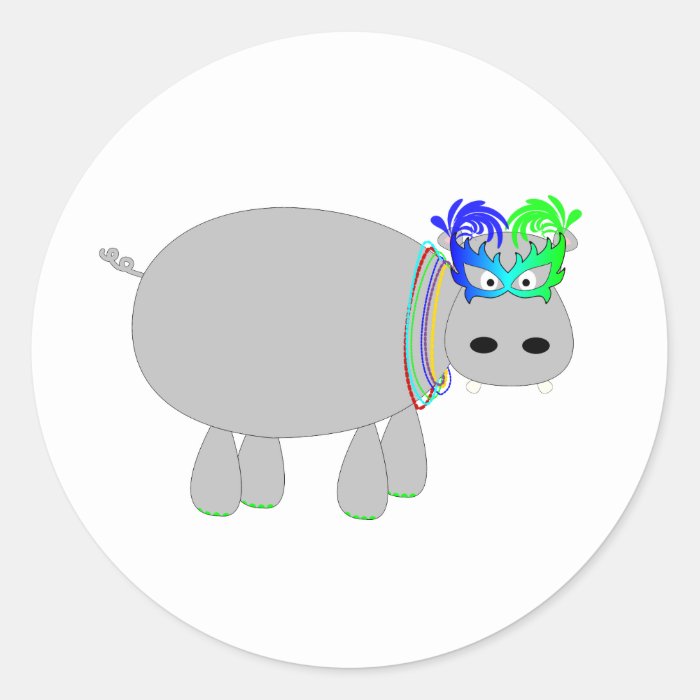 Hippo with beads & a mask Mardi Gras tees & more Round Sticker