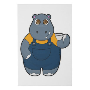Hippo with Cup of Coffee Faux Canvas Print