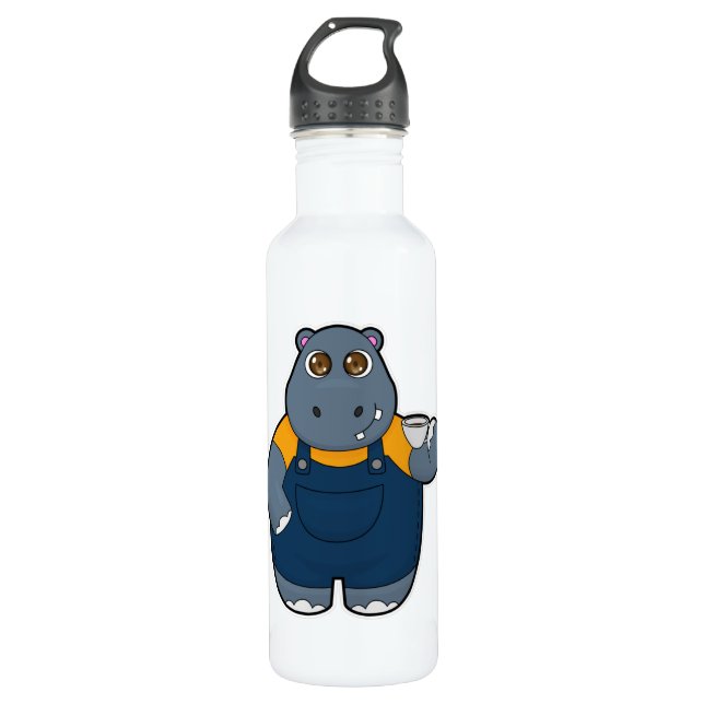 Hippo with Cup of Coffee Stainless Steel Water Bottle (Front)
