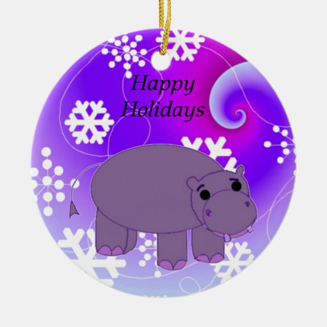 Hippo with Snowflakes Ceramic Ornament (Front)
