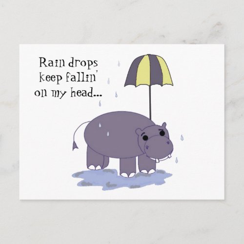 Hippo with Umbrella on a Rainy Day Postcard