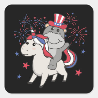 Hippo With Unicorn For Fourth Of July Fireworks Square Sticker
