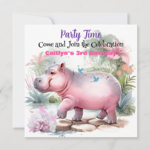 Hippopotamus and Butterfly Birthday Invitation