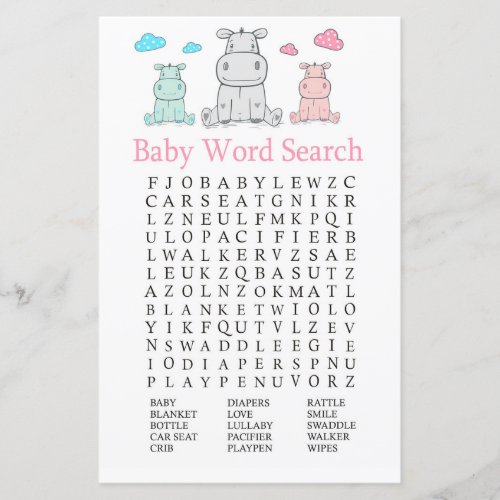 Hippopotamus Baby Shower Word Search Game
