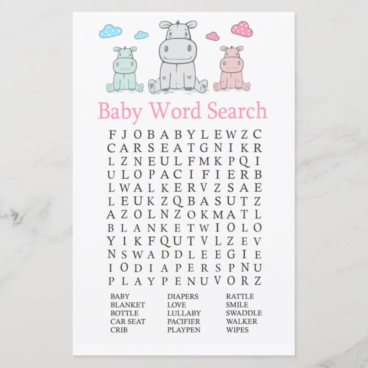 Hippopotamus Baby Shower Word Search Game Zazzle