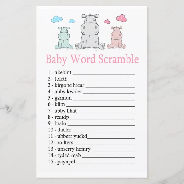Hippopotamus Baby word scramble game (Front)