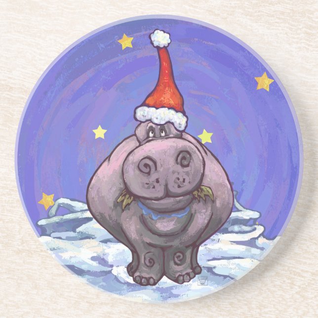 Hippopotamus Christmas Drink Coaster (Front)