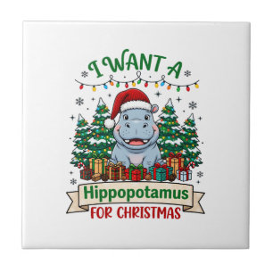 Hippopotamus Christmas Hippo Santa Hat Trees Prese Ceramic Tile
