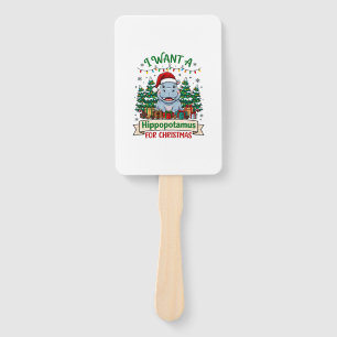 Hippopotamus Christmas Hippo Santa Hat Trees Prese Hand Fan