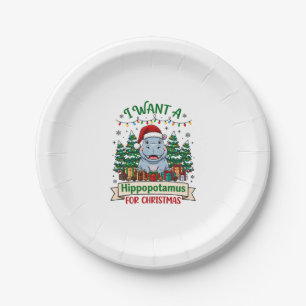 Hippopotamus Christmas Hippo Santa Hat Trees Prese Paper Plates