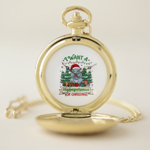 Hippopotamus Christmas Hippo Santa Hat Trees Prese Pocket Watch