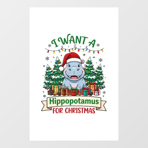 Hippopotamus Christmas Hippo Santa Hat Trees Prese Window Cling