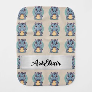 Hippopotamus Cute Kawaii Blue Print  Baby Burp Cloth