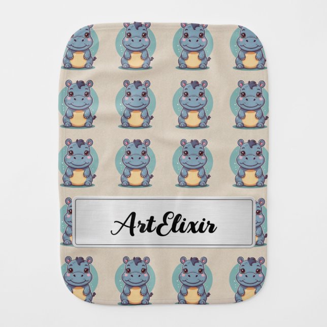 Hippopotamus Cute Kawaii Blue Print  Baby Burp Cloth (Front)