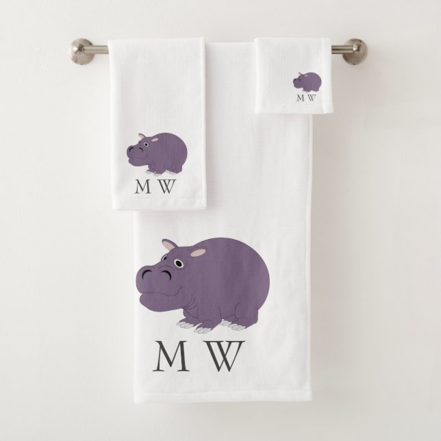 Hippopotamus Design Monogrammed Bath Towel Set (Insitu)