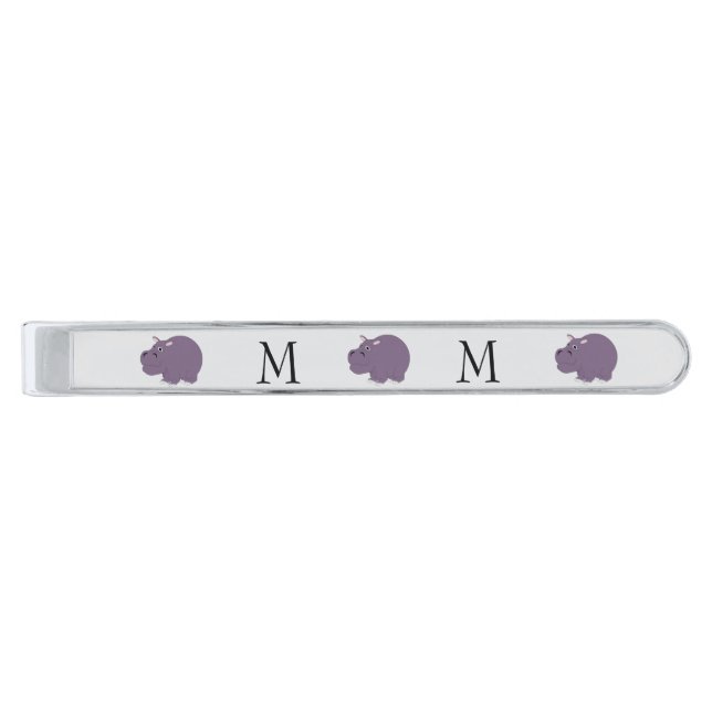 Hippopotamus Design Monogrammed Silver Finish Tie Bar (Front)