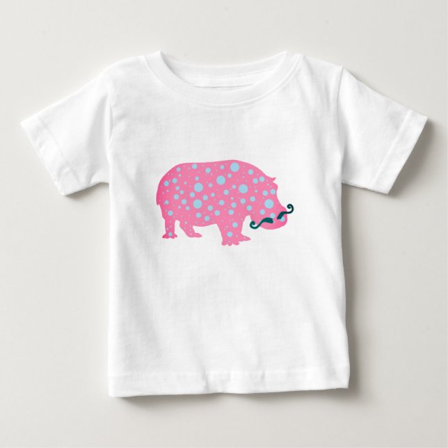 Hippopotamus Dots Moustacehs Baby Romper, White T-Shirt (Front)