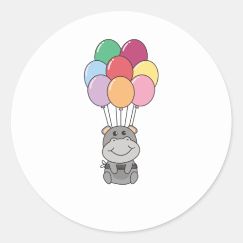 Hippopotamus Flies Up With Colorful Balloons Classic Round Sticker