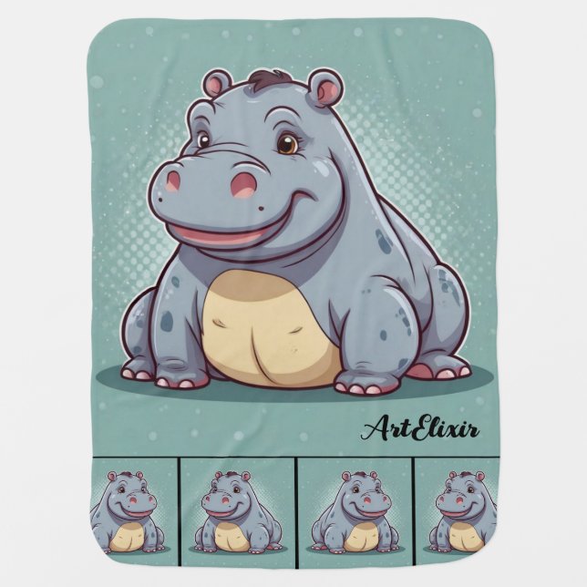 Hippopotamus Funny Kawaii Blue Print Baby Blanket (Front)