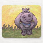 Hippopotamus Gifts & Accessories Mouse Pad<br><div class="desc">Animal Parade Cute Hippopotamus Mousepad created by Imagine That! Design are for the fun side of you featuring our original art of a cute hippo character standing in the grass of the savanna with a textured yellow, orange sky and a playful wavy purple border painted by our talented children’s illustrator,...</div>