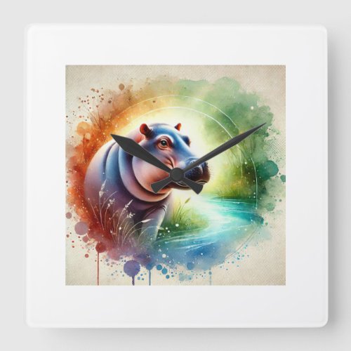 Hippopotamus Harmony 070724AREF126 _ Watercolor Square Wall Clock