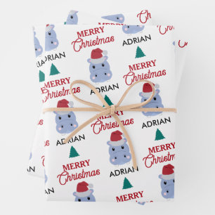 Hippopotamus Hippo Christmas Santa Custom Name Wrapping Paper Sheets