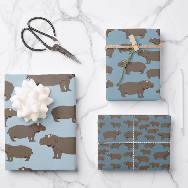 Hippopotamus Hippo Pattern Wrapping Paper Sheets (Front)
