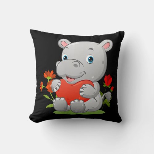 hippopotamus holding the heart balloon throw pillow