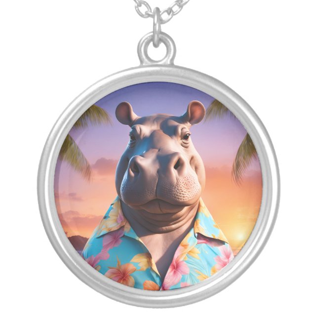 Hippopotamus Holiday Silver Plated Necklace (Front)