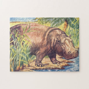 Hippopotamus Illustration Vintage Childrens Book Jigsaw Puzzle