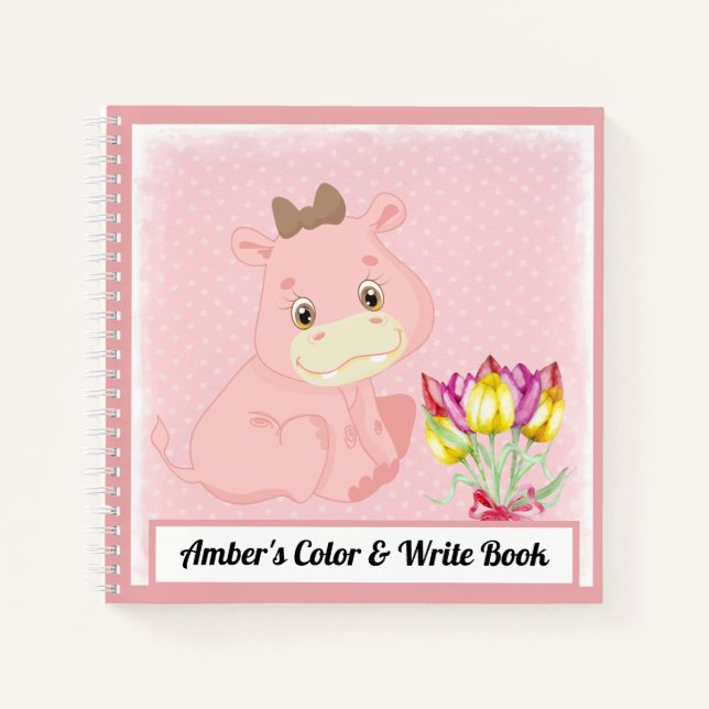 Hippopotamus Kids Color & Write Book Pink Dots (Front)