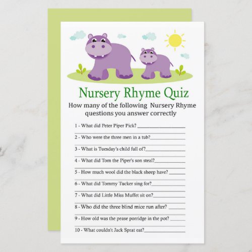 Hippopotamus Nursery Rhyme Quiz baby shower game