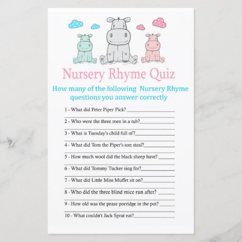Hippopotamus Nursery Rhyme Quiz baby shower game