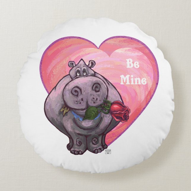 Hippopotamus Valentine's Day Round Pillow (Front)