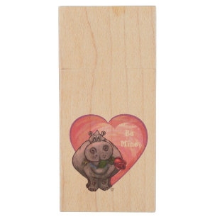 Hippopotamus Valentine's Day Wood USB Flash Drive