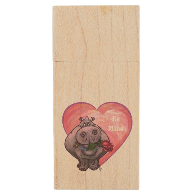 Hippopotamus Valentine's Day Wood USB Flash Drive (Front Vertical)