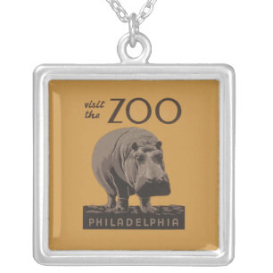 Hippopotamus vintage hippo zoo poster wpa silver plated necklace