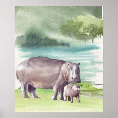 Hippopotamus Watercolor Mother and Baby Nursery    Poster