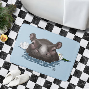 Hippopotamus White Lotus Blue Bath Mat