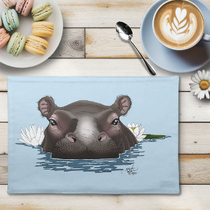 Hippopotamus White Lotus Blue Cloth Placemat