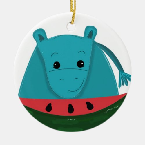 Hippopotamus with a Slice of Watermelon Ceramic Ornament