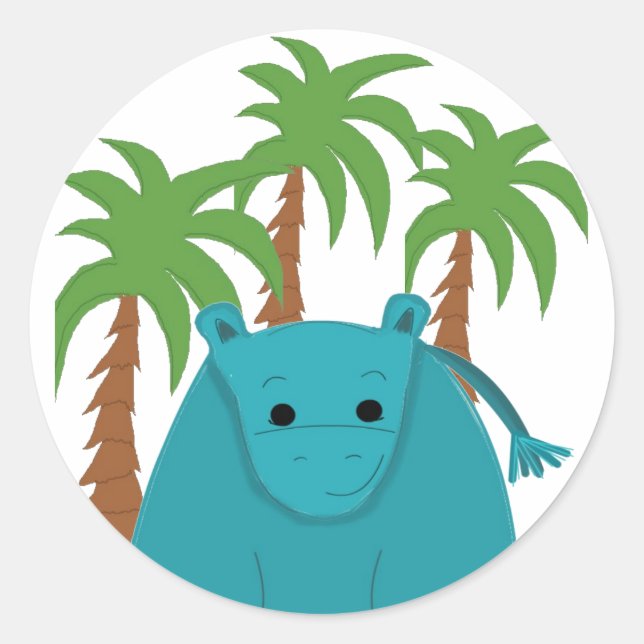 Hippopotamus with Palm Trees Classic Round Sticker (Front)
