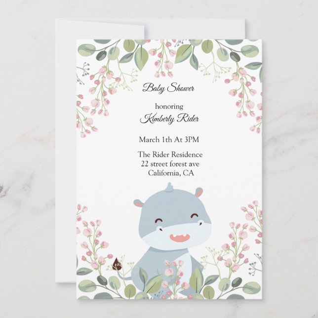Hippopotamus Woodland Baby Shower Invitations (Front)