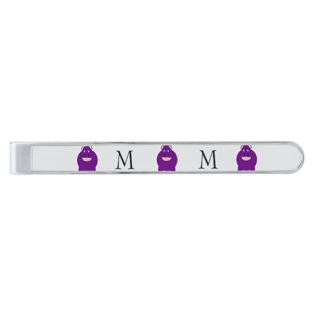 Hippopotatmus Design Monogrammed Silver Finish Tie Bar (Front)