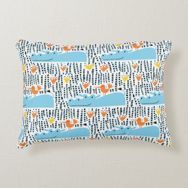 Hippos and birds in the lake seamless pattern vint accent pillow (Front)